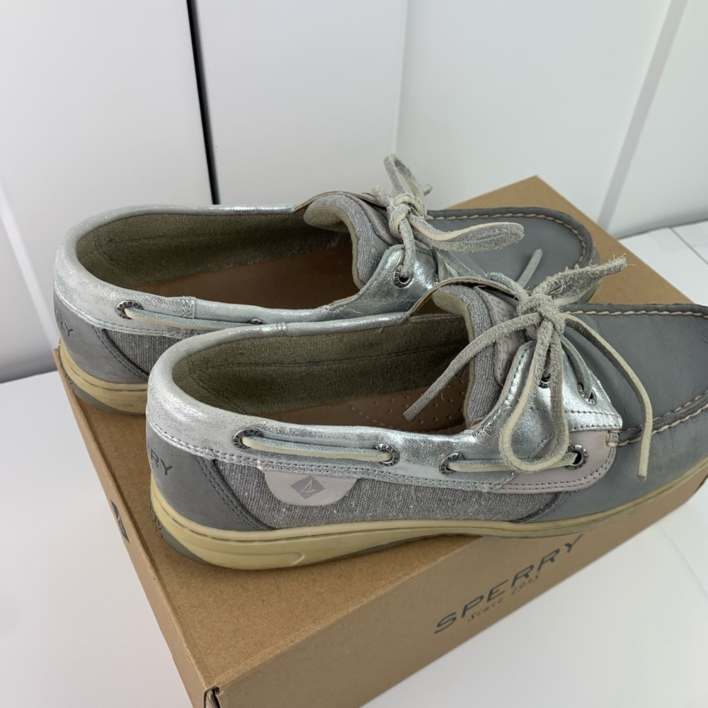 Sperry Bluefish Boat Shoes 8.5 Metallic Gray Silver Leather Slip Ons preppy Y2K - Picture 5 of 6